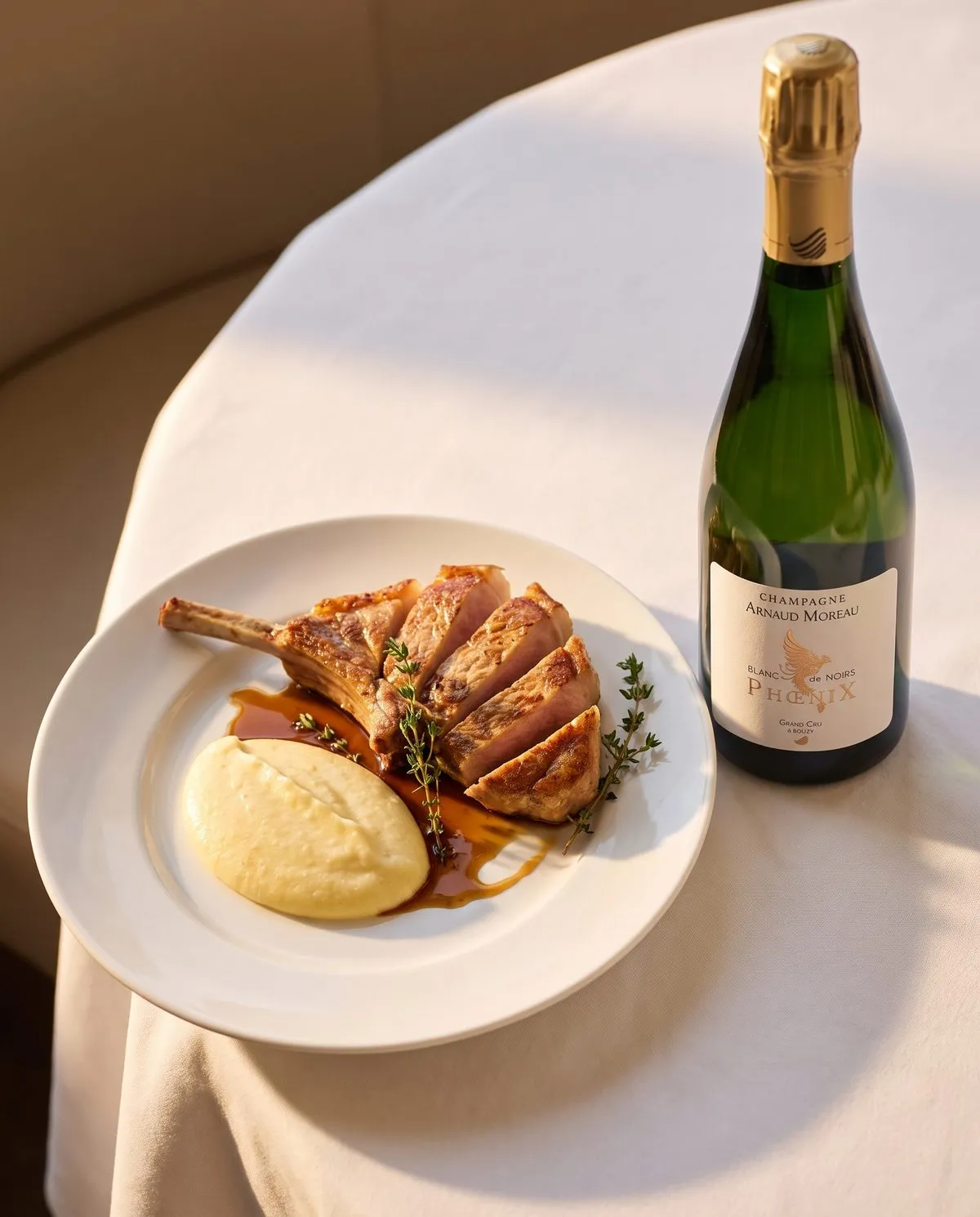 Côte de veau grillée, polenta crémeuse au parmesan · accord champagne Arnaud Moreau