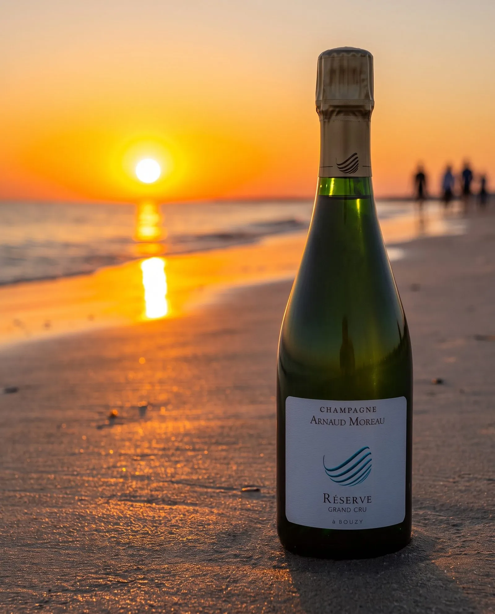 Champagne Arnaud Moreau Réserve · sur la plage au coucher du soleil