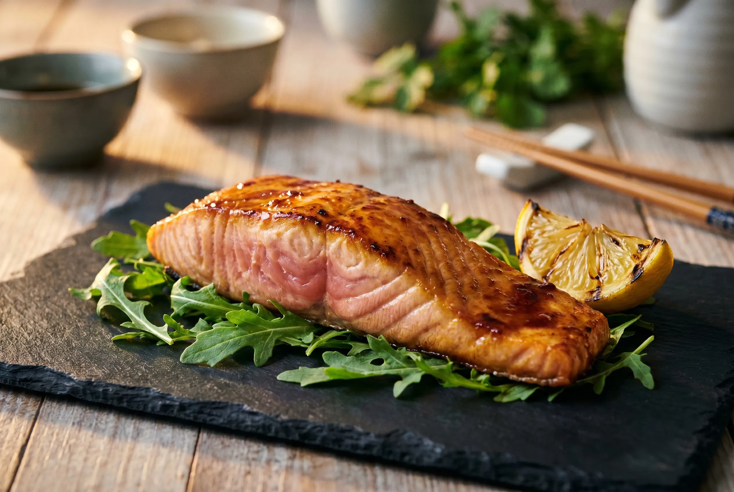 Pavé de saumon laqué miso, mi-cuit